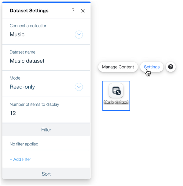 Uma captura de tela de um conjunto de dados em uma página com o painel Configurações do conjunto de dados aberto.