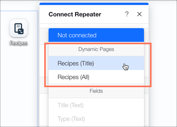 חלונית ה-Connect Repeater, עם הדגשת עמודים דינמיים תחת התפריט הנפתח 'Link connects to'.