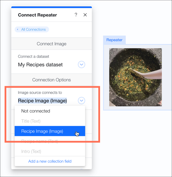 חלונית ה-Connect Repeater, עם הדגשת התפריט הנפתח 'Image source connects to' (מקור התמונה מתחבר אל).