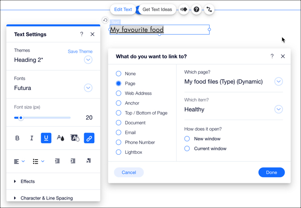 חלוניות Text Settings (הגדרות טקסט) וחלוניות 'What do you want to link to' (למה אתם רוצים לקש)'. מסומן עמיד דינמי בתפריט הנפתח.