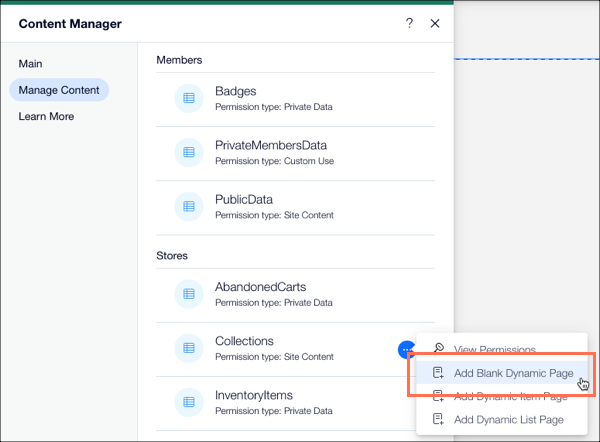 A screenshot of the Content Manager panel, highlighting the Add Blank Dynamic Page option.