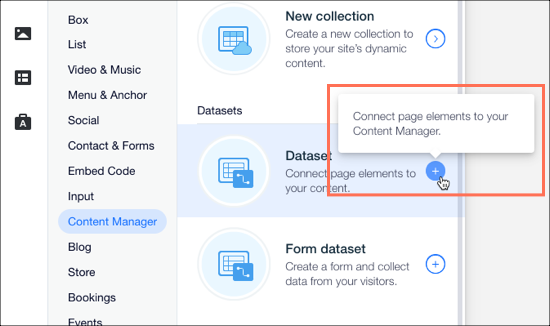 A screenshot of the Content Manager part of the Add Elements panel, highlighting the Add Dataset option