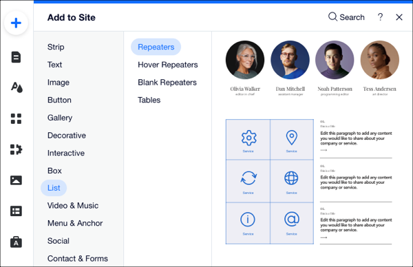 A screenshot of the Add Elements panel, showing repeaters in the list section.