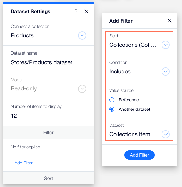 A screenshot highlighting the Add Filter options in the Dataset Settings panel