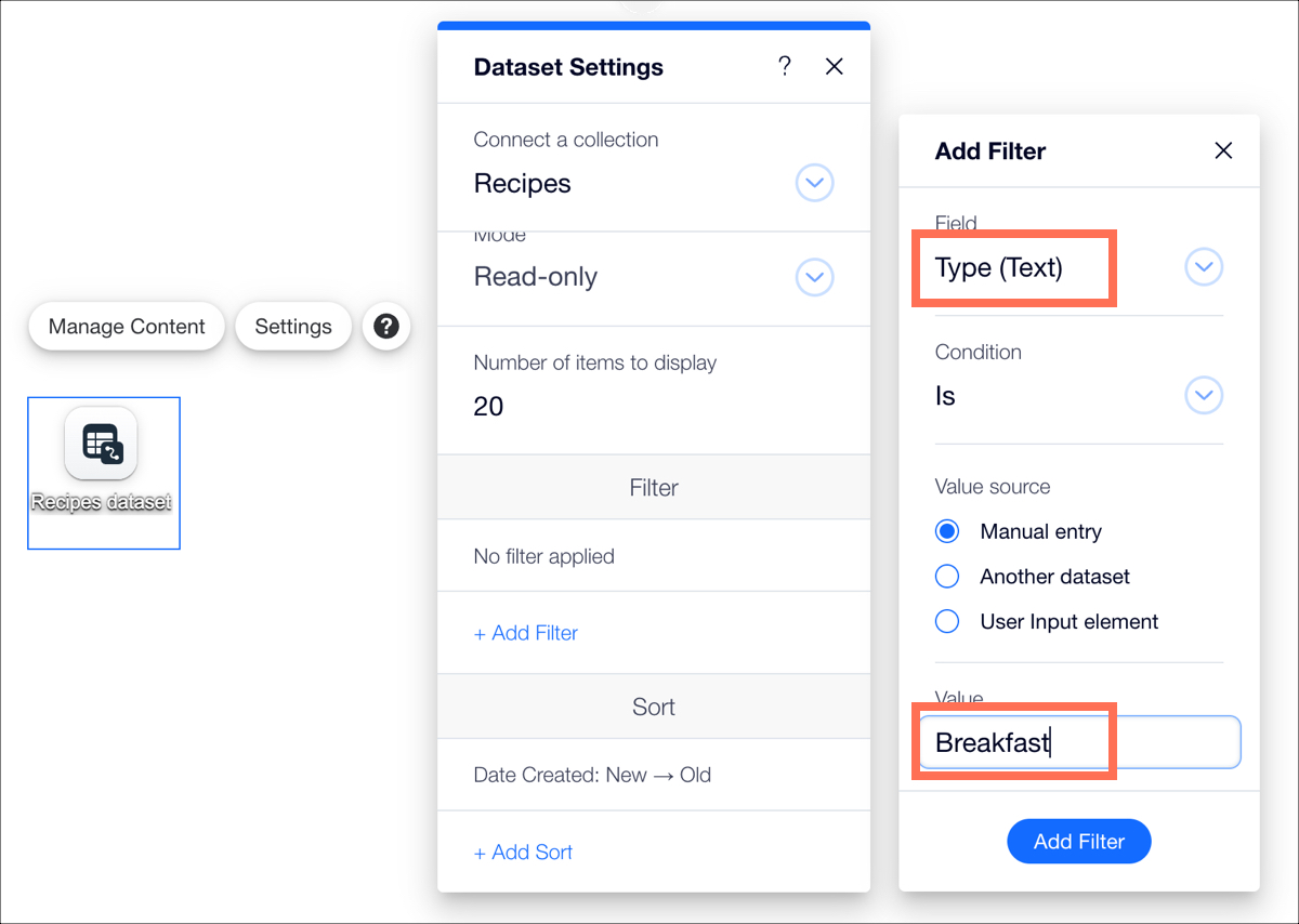 Uma captura de tela da adição de filtros nas configurações do conjunto de dados.