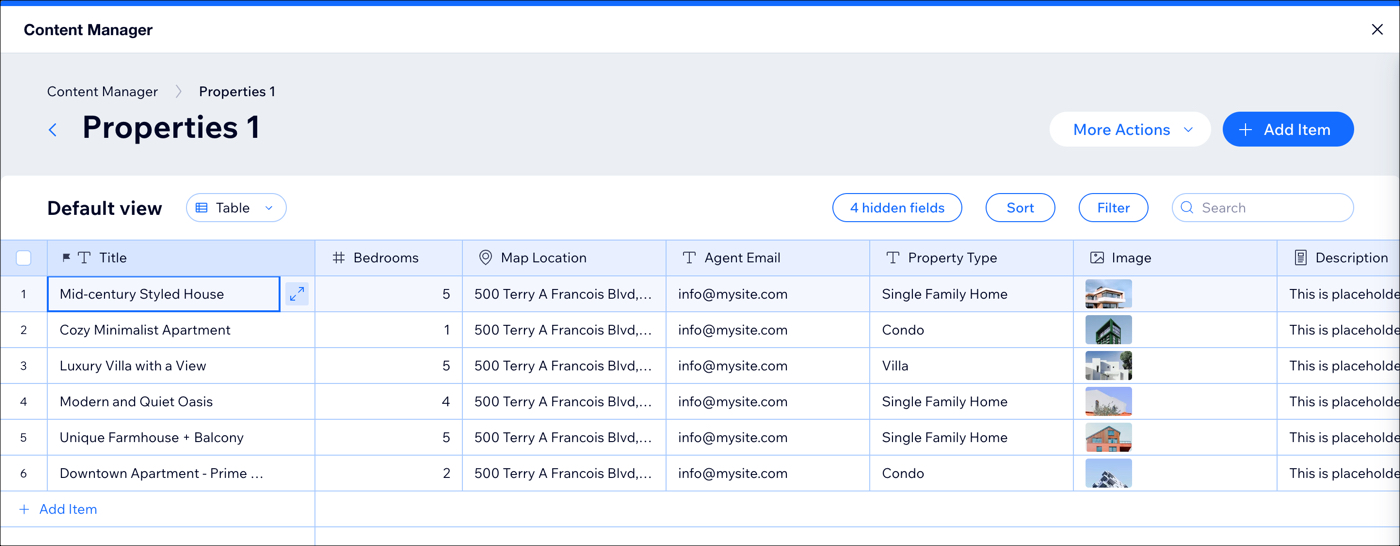 A screenshot showing a collection containing rows and columns of information about properties.