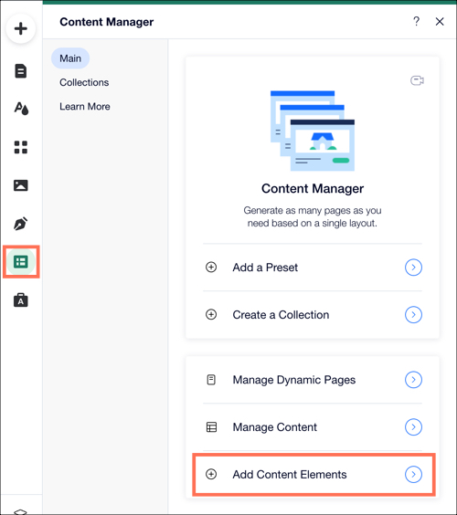 A screenshot of the Add Content Manager panel highlighting the Add Content Elements option