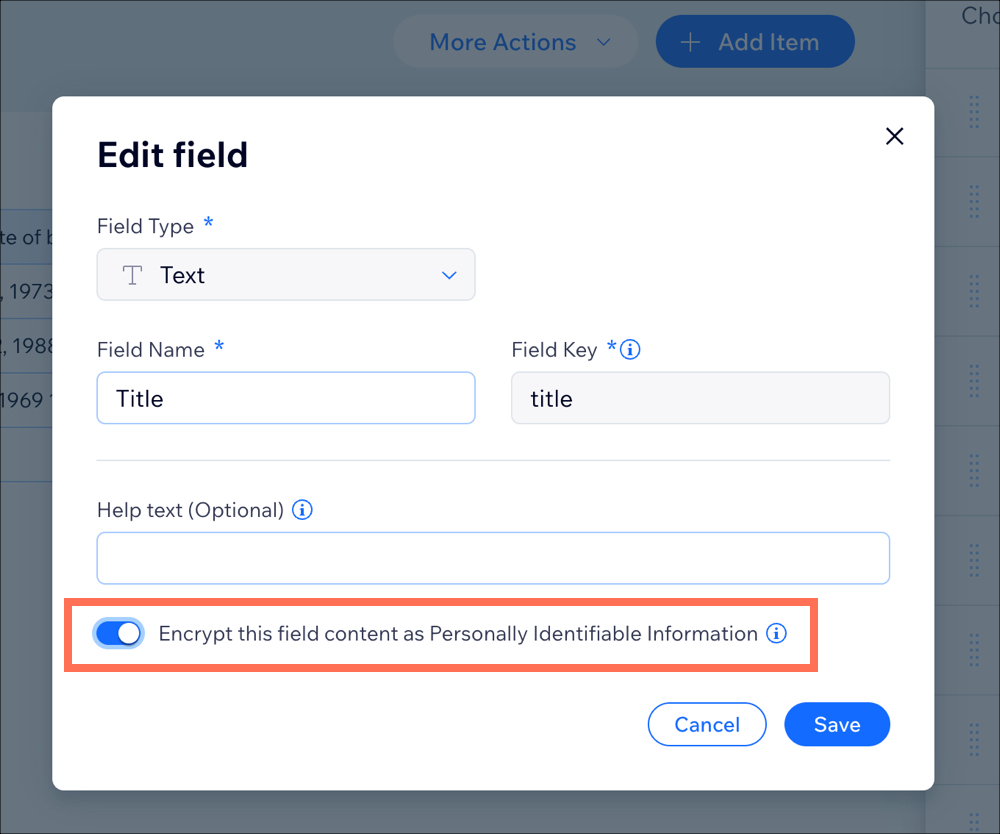 A screenshot of the Edit field panel, highlighting the PII toggle.