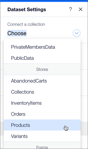 A screenshot of the Dataset Settings panel, highlighting the Products option under the Connect a collection drop-down