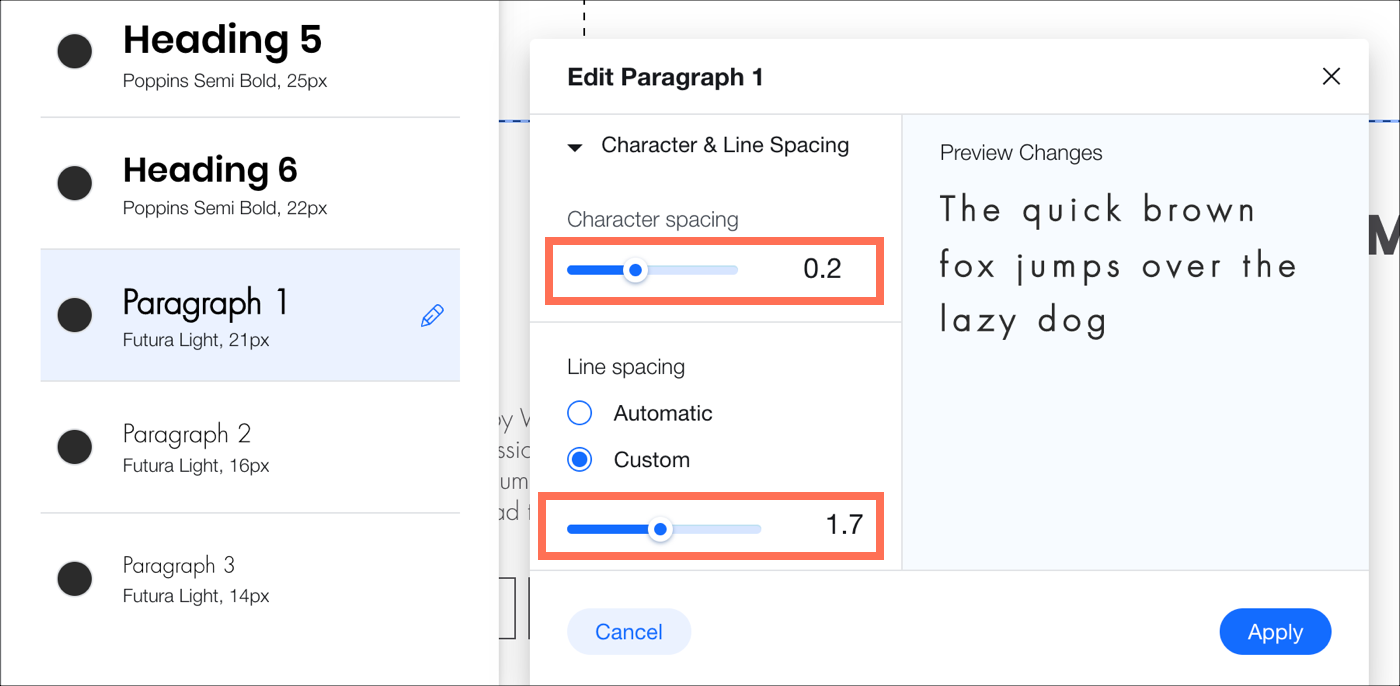 Screenshot of the Customize Text Theme panel highlighting the Line Spacing slider.