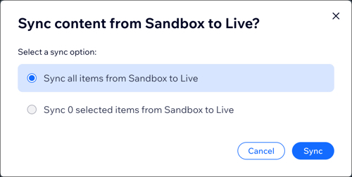 Een screenshot venster om inhoud te synchroniseren met de optie 'Alle items van Sandbox synchroniseren om live te gaan' geselecteerd.