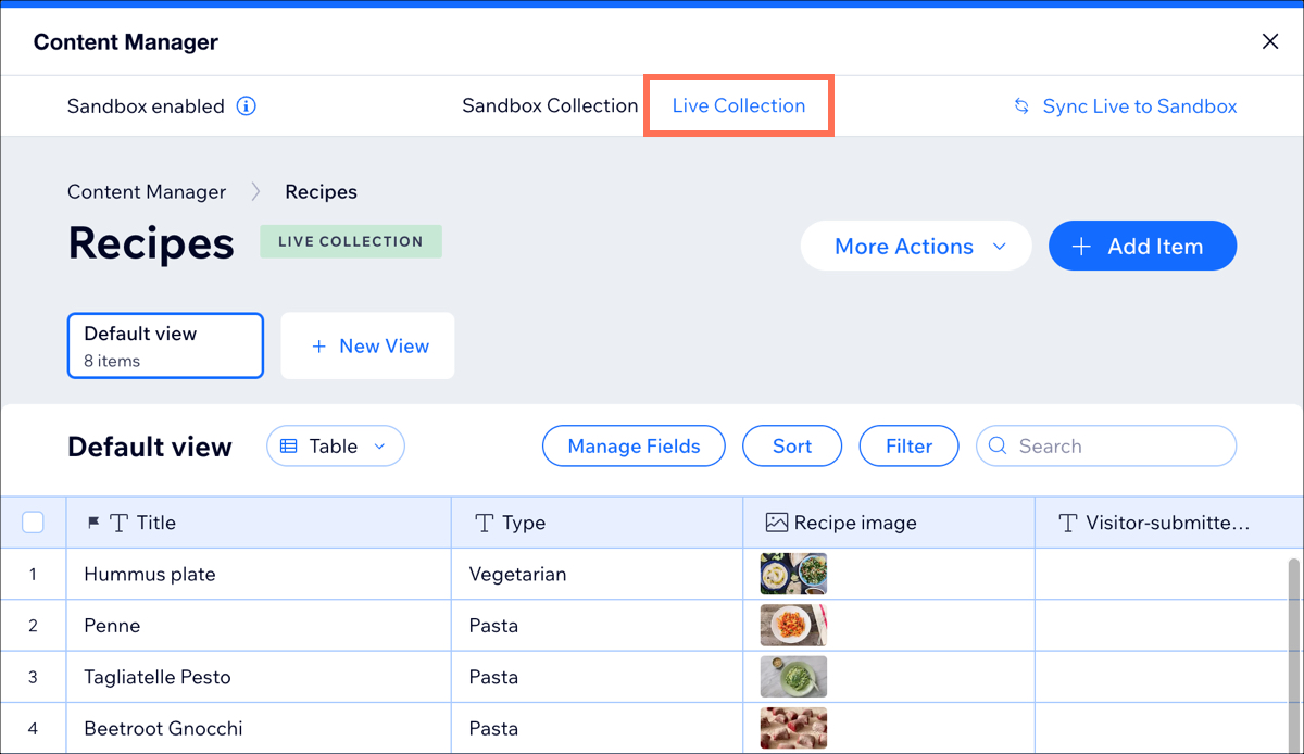 A screenshot of a Live Collection view in the Content Manager with the Live Collection tab highlighted.