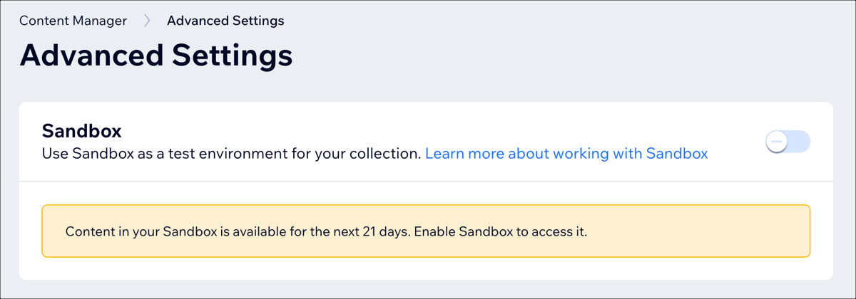 A screenshot of the Advanced Settings panel in the Content Manager, showing the Sandbox option.