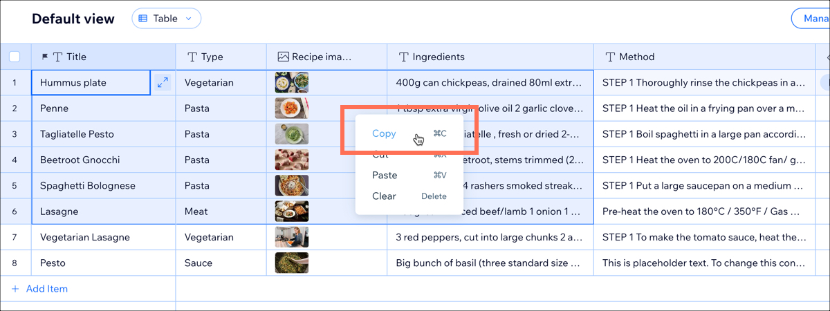 A screenshot of a collection with some fields selected and the Copy option highlighted.