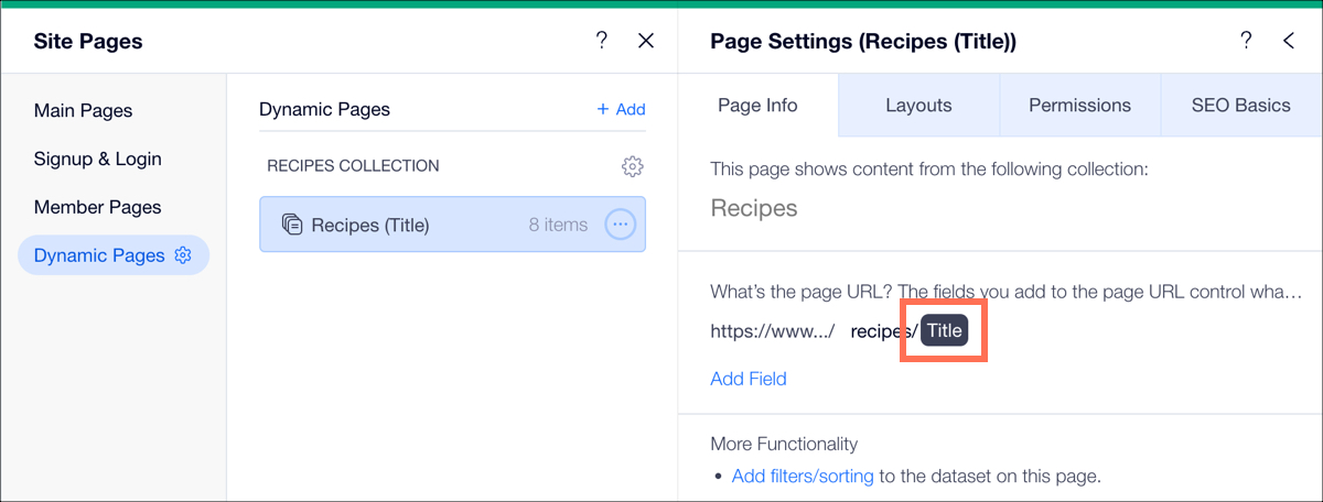 Uma captura de tela do painel Configurações da página para Páginas dinâmicas, destacando o valor dinâmico.