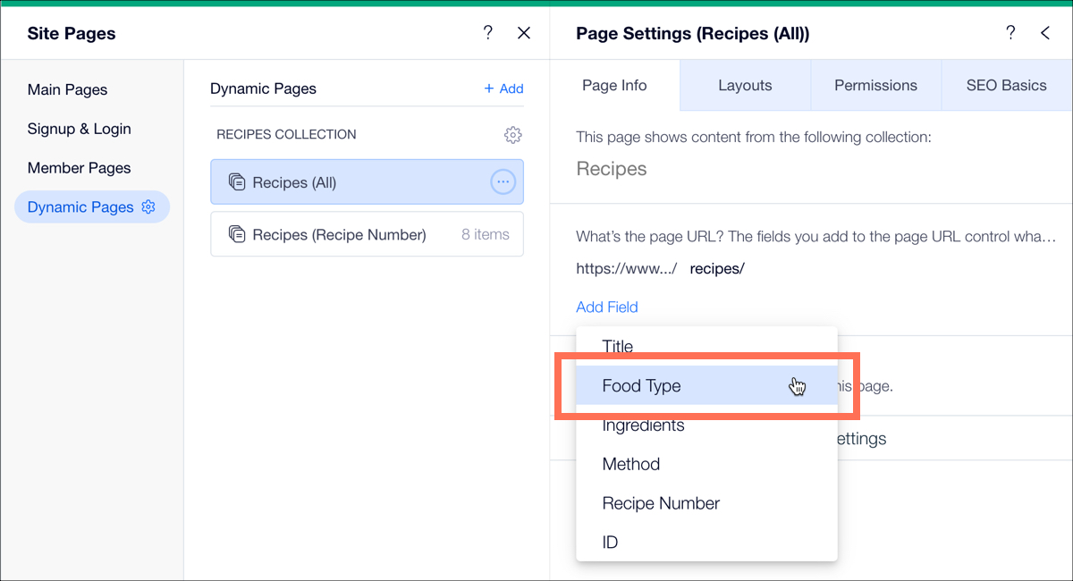 Uma captura de tela do painel Configurações da página para Páginas dinâmicas, destacando o menu dropdown Adicionar campo.