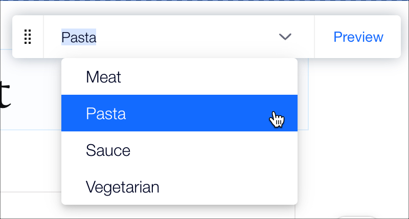 Uma captura de tela do menu dropdown mostrando as categorias disponíveis que a página dinâmica de lista pode exibir.