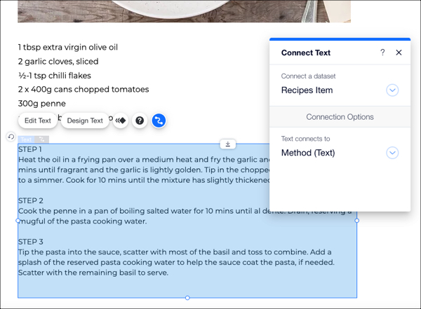 Captura de pantalla de una página de recetas en el Editor. Tiene un elemento de texto resaltado con el panel Conectar texto abierto.