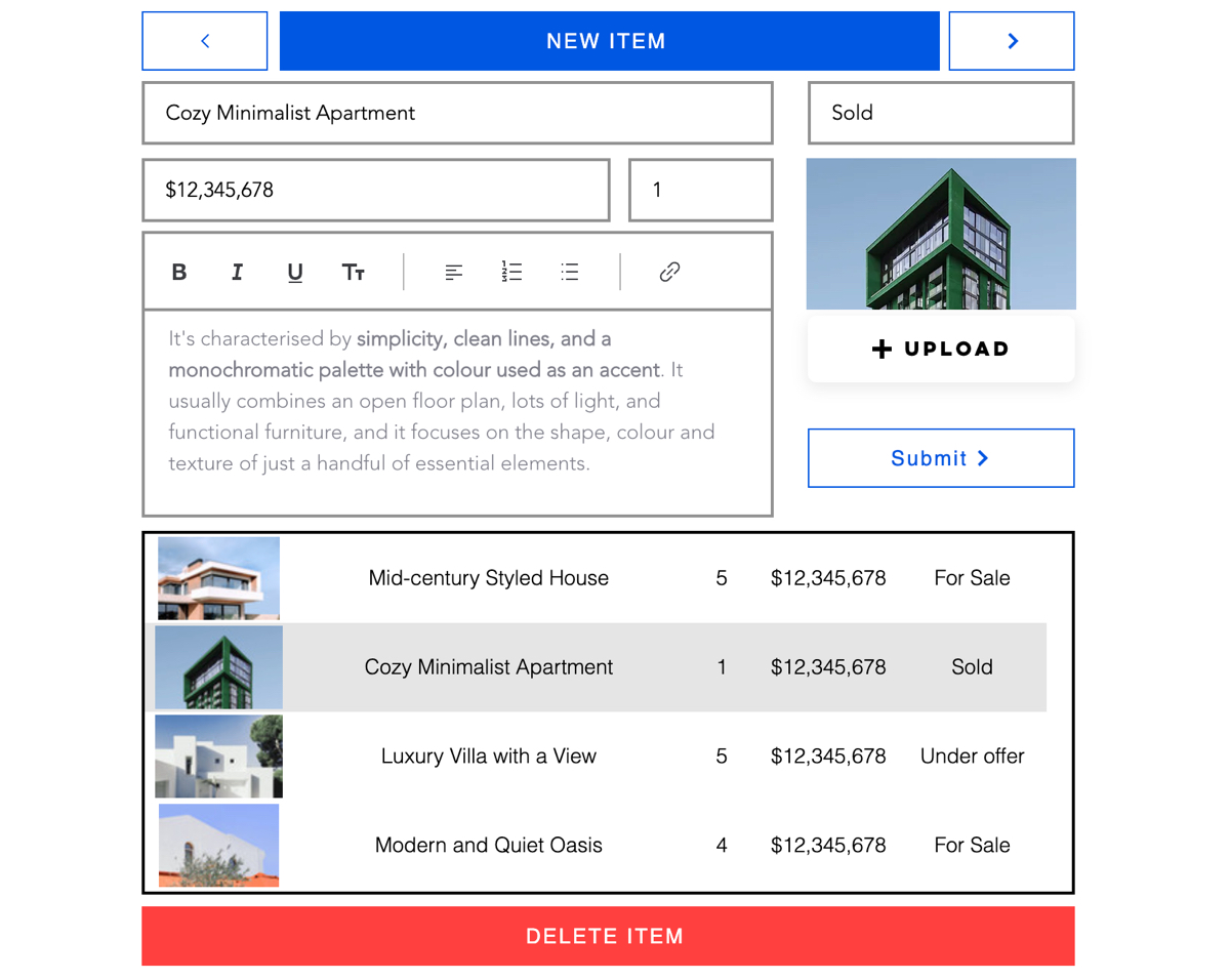 A screenshot of a form that includes a table for selecting collection items to update or delete.