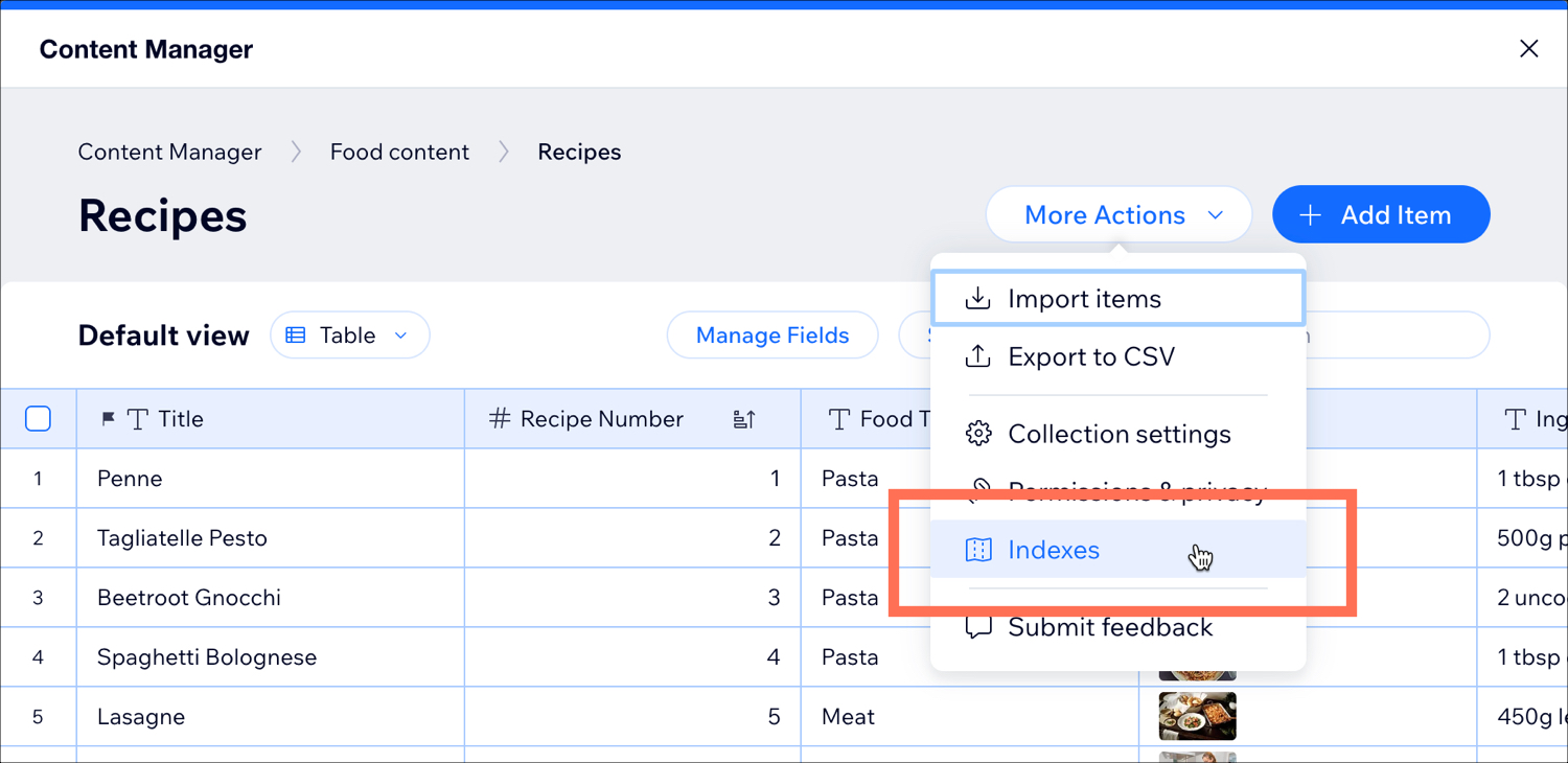 Une capture d'écran d'une collection dans le gestionnaire de contenu, mettant en évidence l'option Indexes.