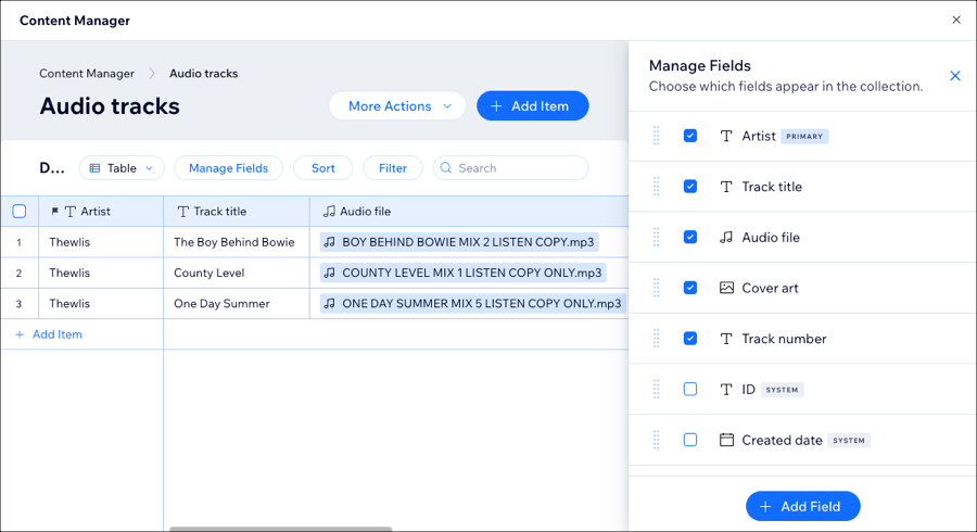 A screenshot of a collection containing audio tracks and track information. The Manage Fields panel is also displayed.