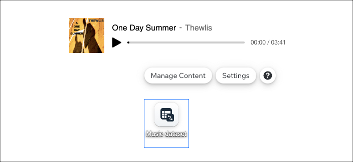 Скриншот аудиоплеера Wix на странице с подключенным набором данных.