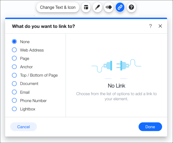 Une capture d'écran des options de lien statique dans l'Éditeur Wix.