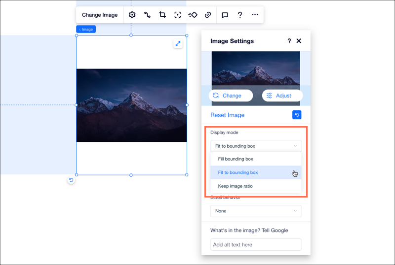 Una captura de pantalla que muestra las opciones del modo de visualización en el panel de configuración de imagen en el Editor X.