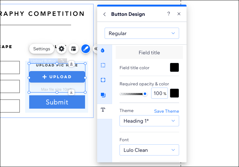 A screenshot of an upload button showing the Button Design panel.