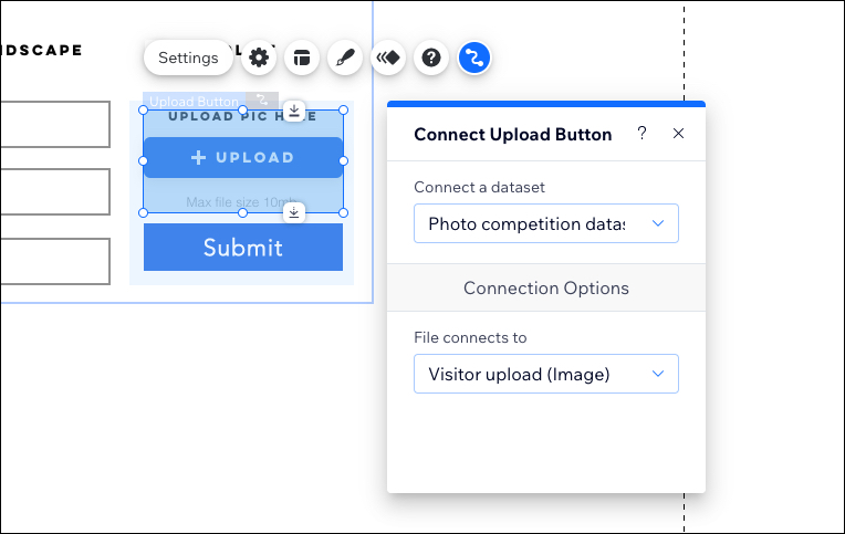 Uma captura de tela de um botão de upload mostrando o painel Conectar botão de upload.