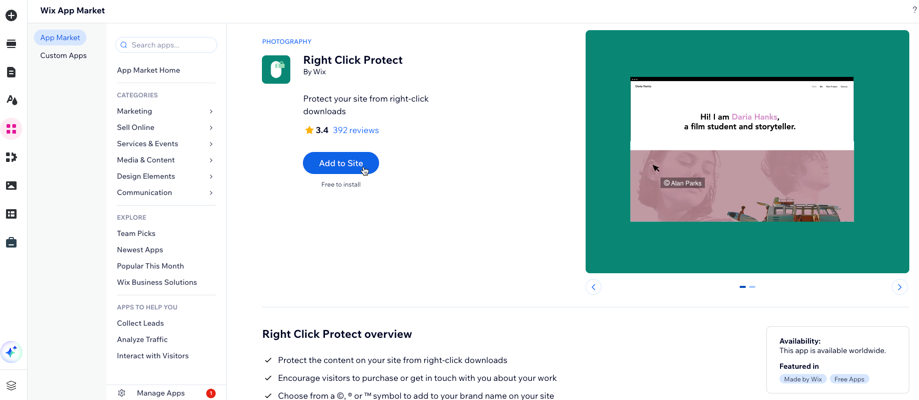 Een screenshot van de Right Click Protect-app in de appmarkt.