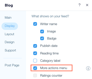 A screenshot showing how to add the 'More actions menu' on your blog post element.