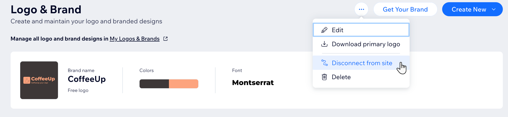 Une capture d'écran du logo et de la page de marque du logo connecté à votre site, montrant ce qu'il faut cliquer pour retirer le logo