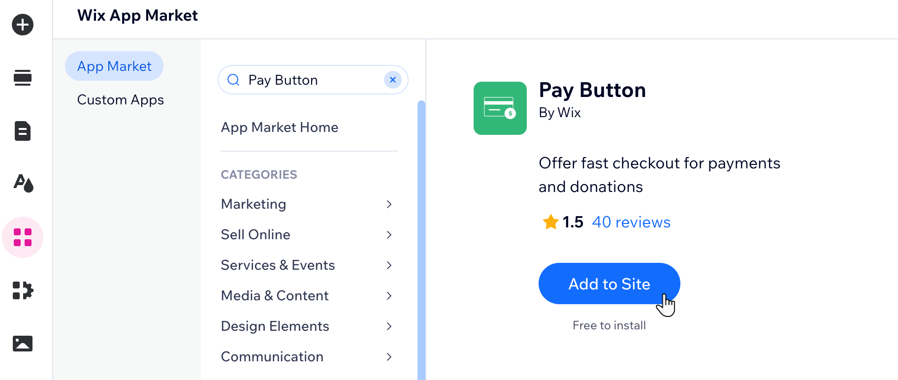 A screenshot showing that you can search for 'Pay Button' in the app store and then add it to your site.