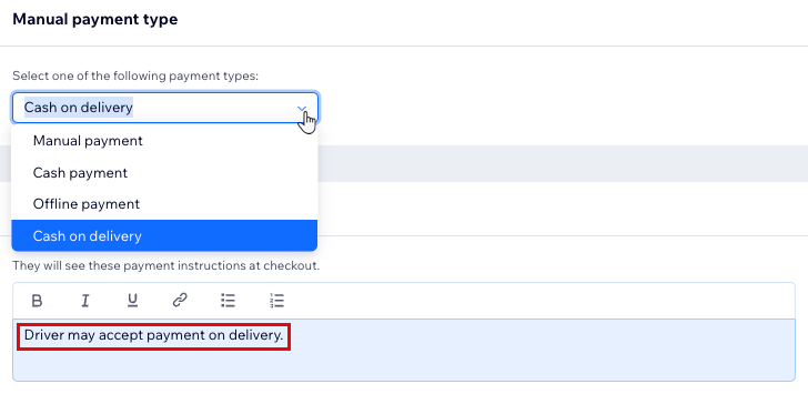 A screenshot showing the option to select the payment type and to see instructions for check out.