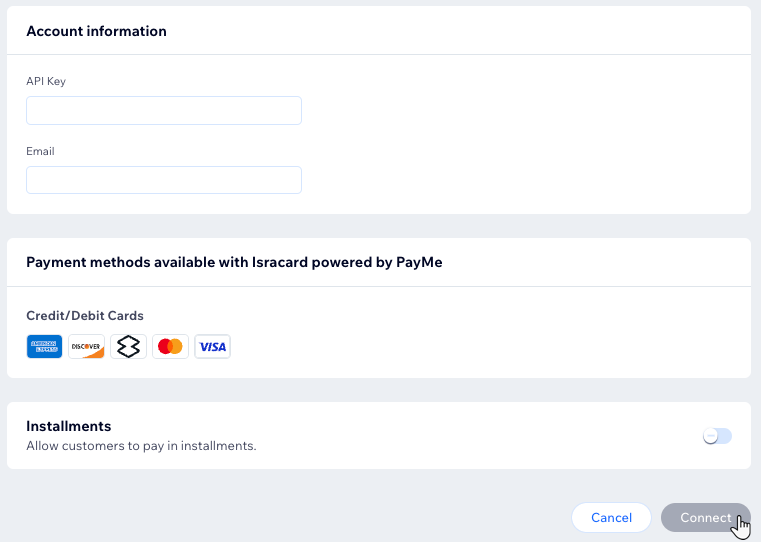 Captura de pantalla de la sección Información de la cuenta al conectar Isracard como proveedor de pagos en Wix