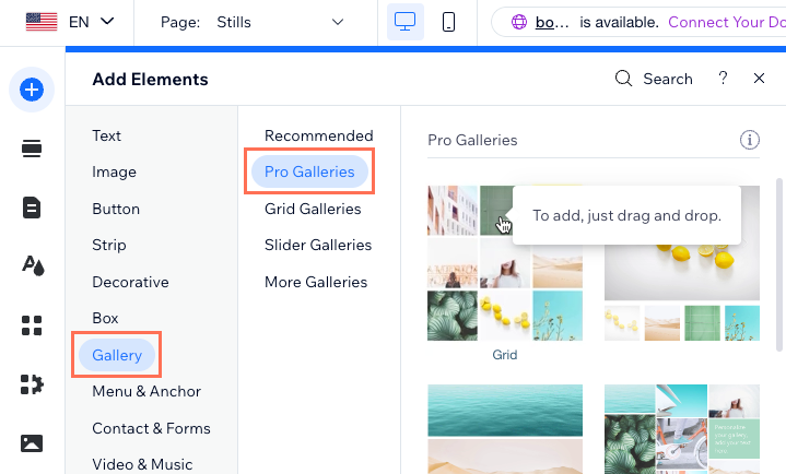 A screenshot of adding a Pro Gallery in the Wix Editor.