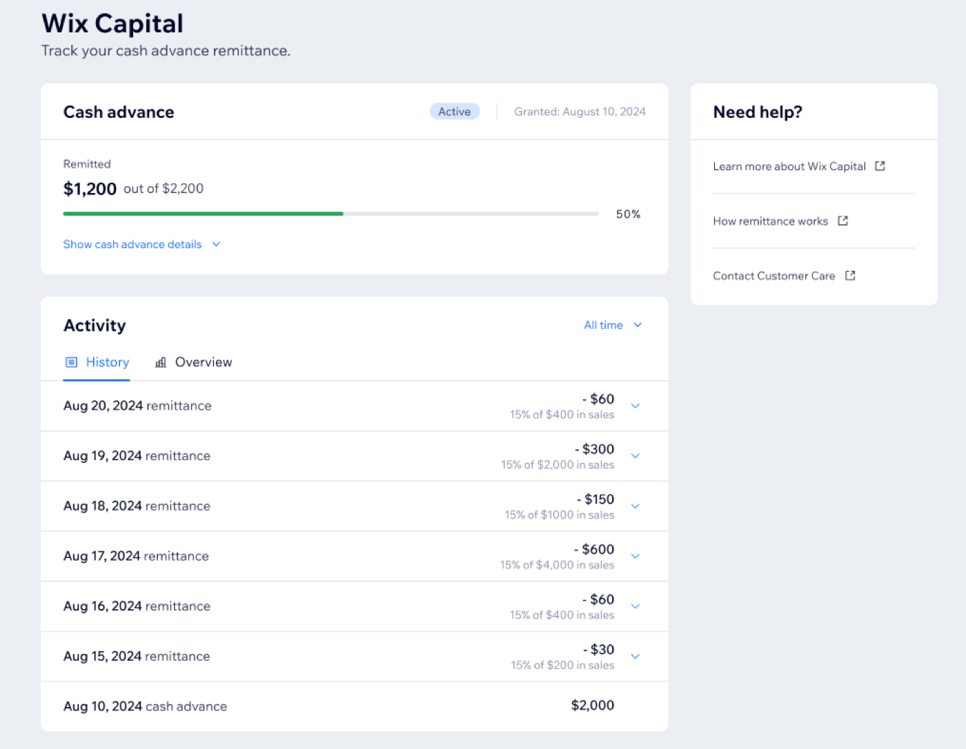 A screenshot showing the balance remitted