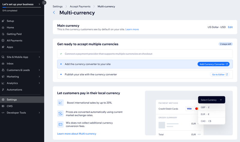 A screenshot showing the set up for multi-currency