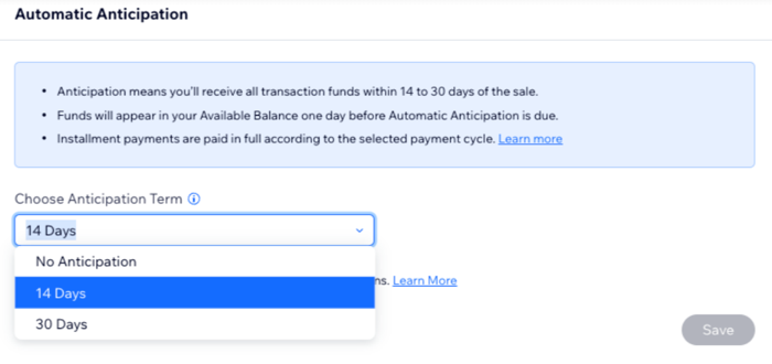 Uma captura de tela mostrando o dropdown de antecipação