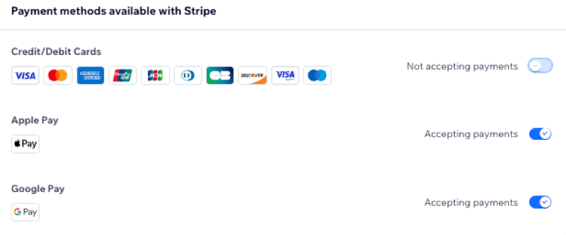 A screenshot showing how you can toggle different payment methods on and off.