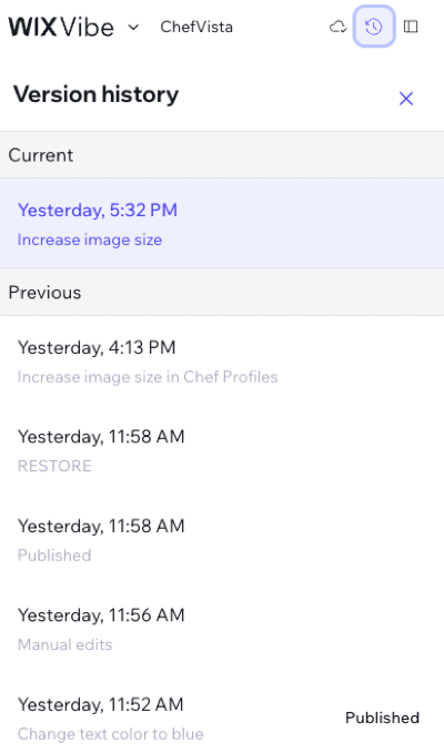 Screenshot of the version history in the Wix Vibe Editor.