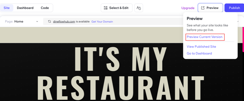 A screenshot showing where to click to preview your site