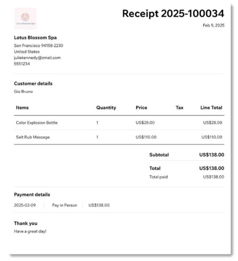 Screenshot showing a receipt