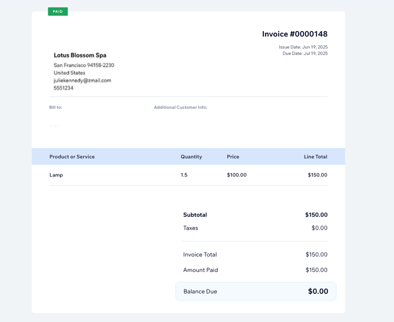 Screenshot showing an invoice