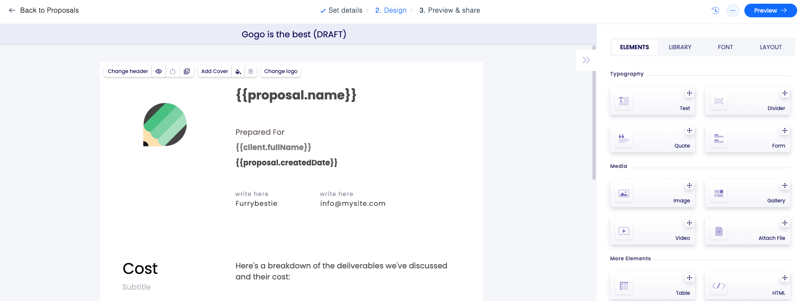 Screenshot of customizing a proposal.