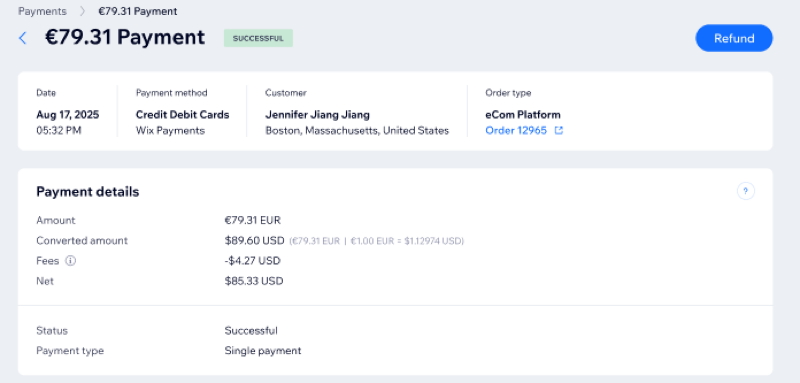 Screenshot showing a payment that was made in EUR and converted to USD