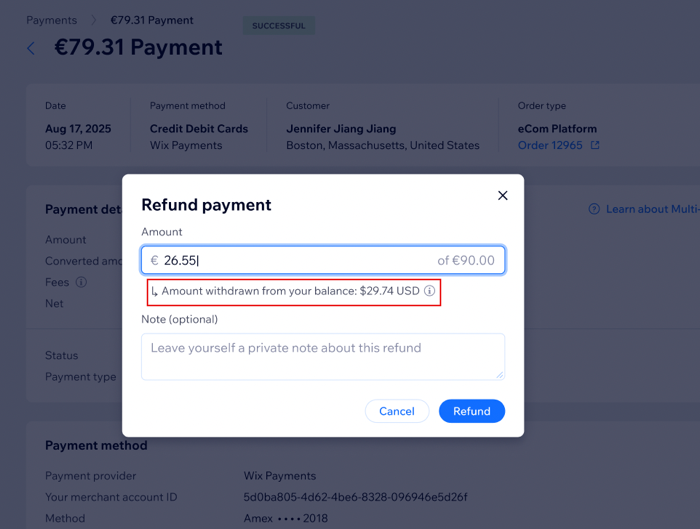 A screenshot showing refunding a EUR payment