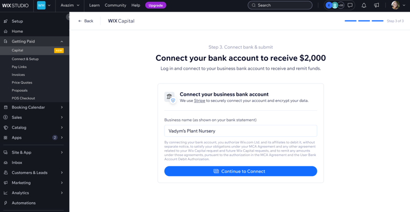 Screenshot showing how to connect your bank account for Wix Capital