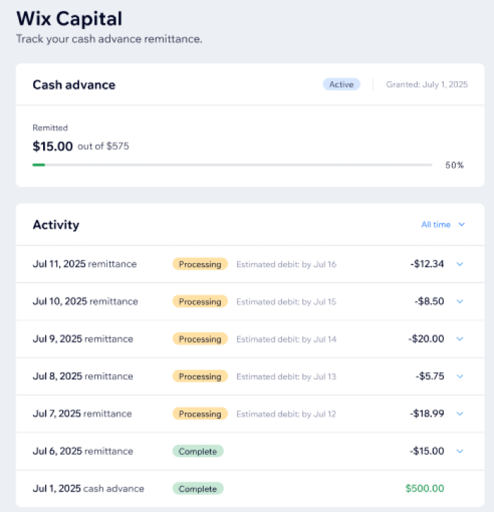 Screenshot showing the wix capital remittance